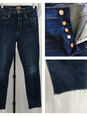 MOTHER Teaming Up Wash The Stunner Ankle Fray Hem Logo Hardware Button Fly Jeans